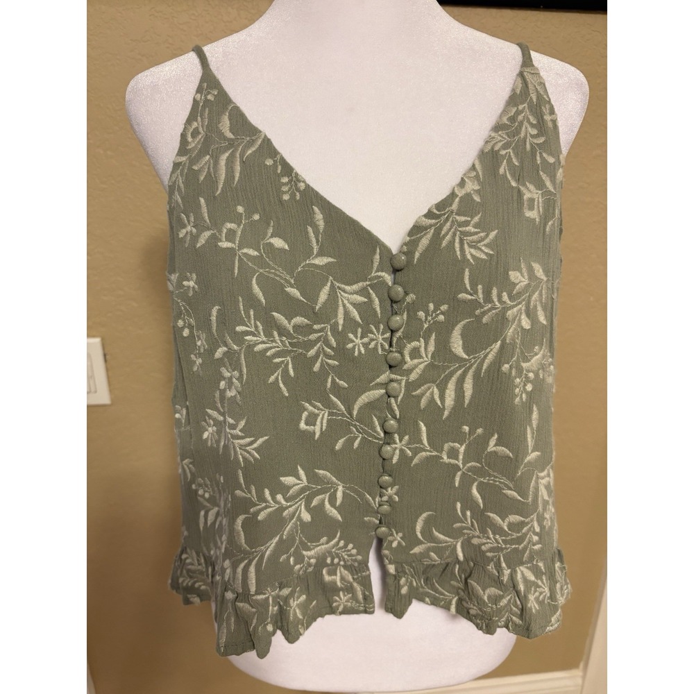 Mustard Seed Embroidered Button Up‎ Tank Top, Sage Green, Medium, Crop, Boho